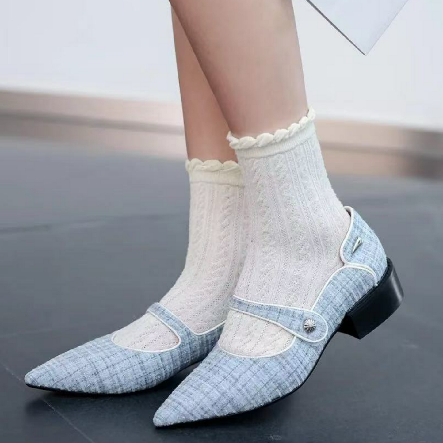 Blue Sweet & Fashion Floral Button Mary Jane Shoes for Women