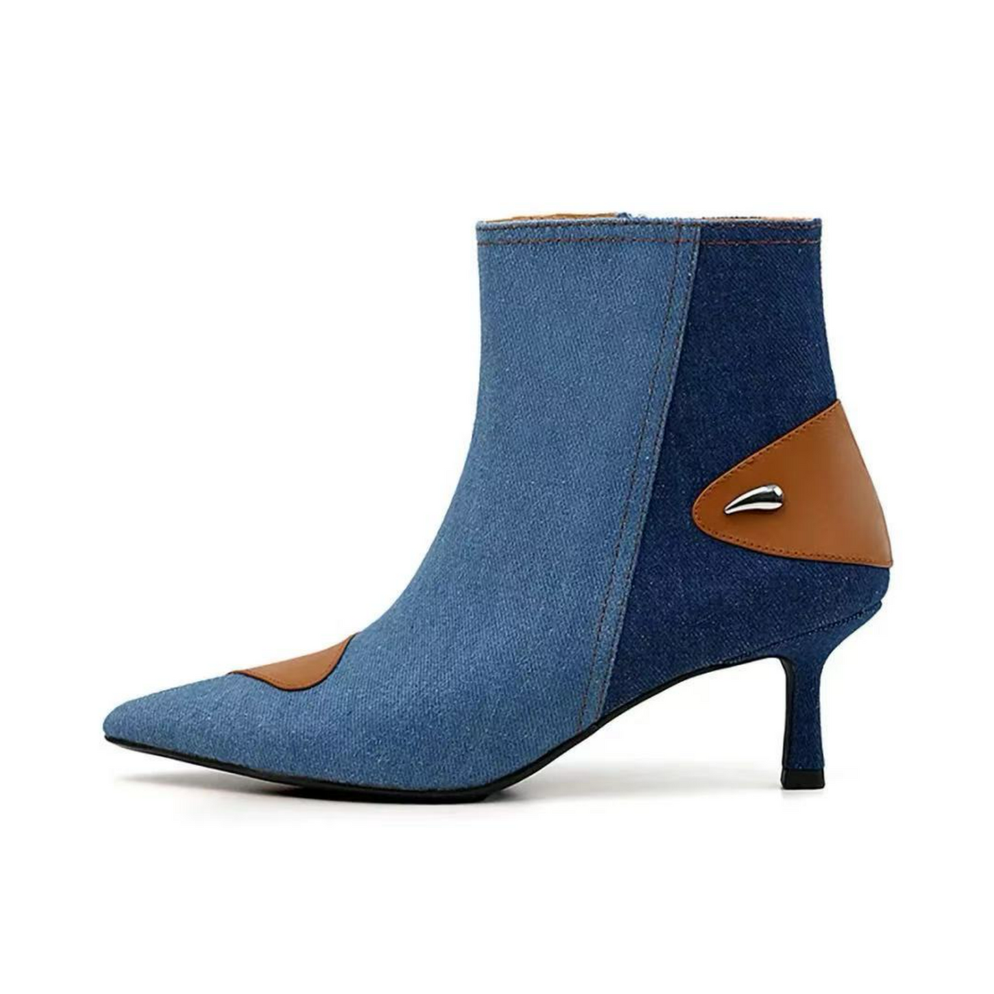 Blue Denim Fashion & Cool Trichromatic Splicing Ankle Booties Stiletto Shoes for Women
