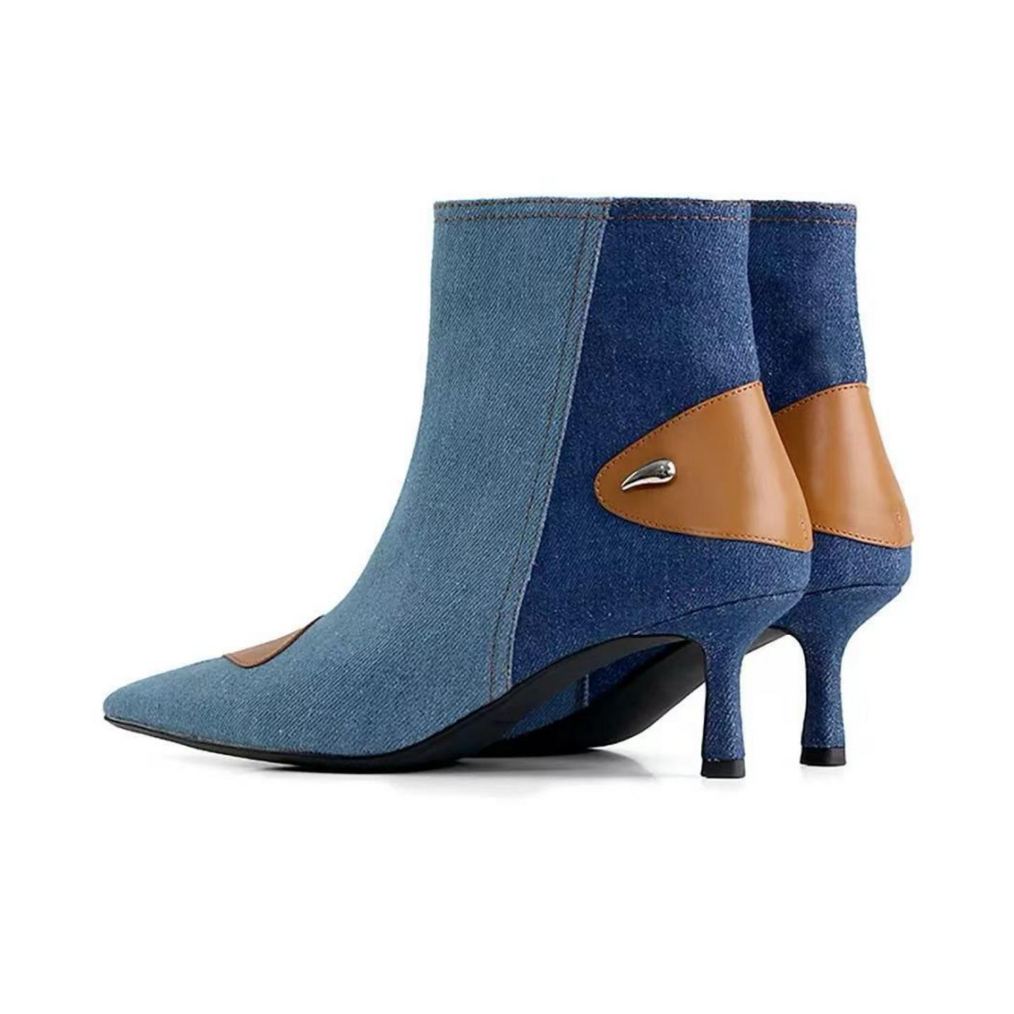 Blue Denim Fashion & Cool Trichromatic Splicing Ankle Booties Stiletto Shoes for Women