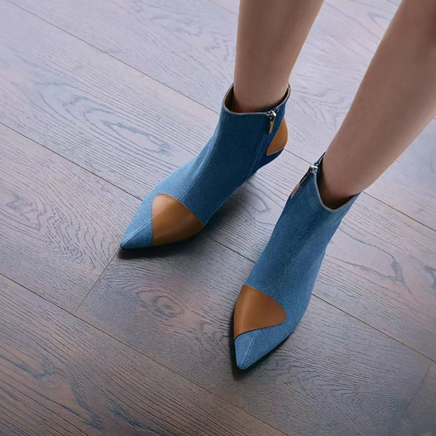 Blue Denim Fashion & Cool Trichromatic Splicing Ankle Booties Stiletto Shoes for Women