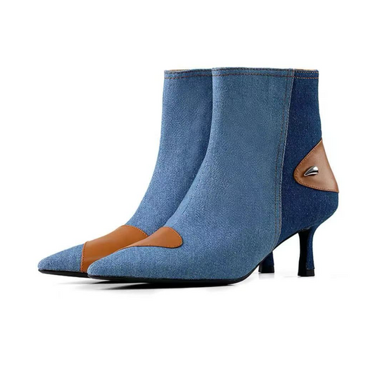 Blue Denim Fashion & Cool Trichromatic Splicing Ankle Booties Stiletto Shoes for Women